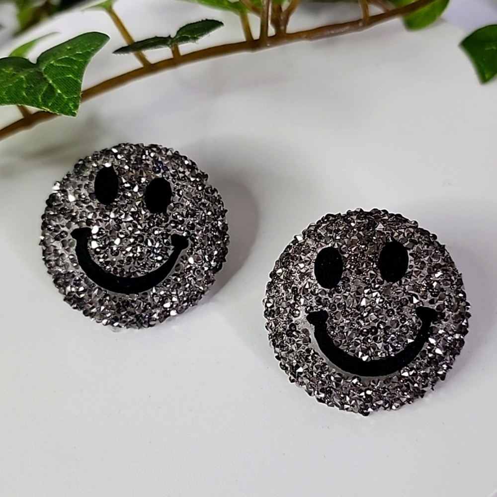 Silver Glittery Smiley Face Post Earrings
